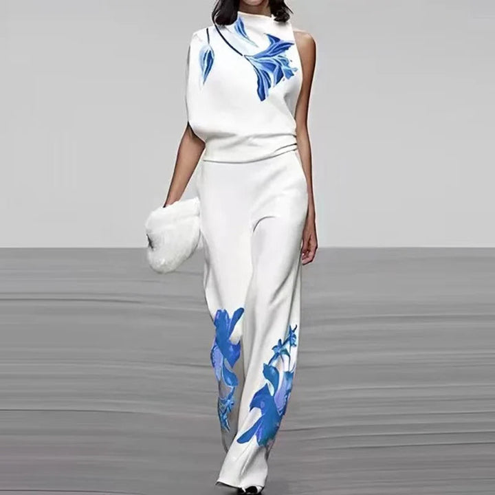 Sleeveless Two-Piece Printed Set with High Collar