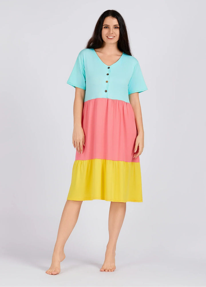 Colorblock V Neck Button Front Patch Pocket Nightgown