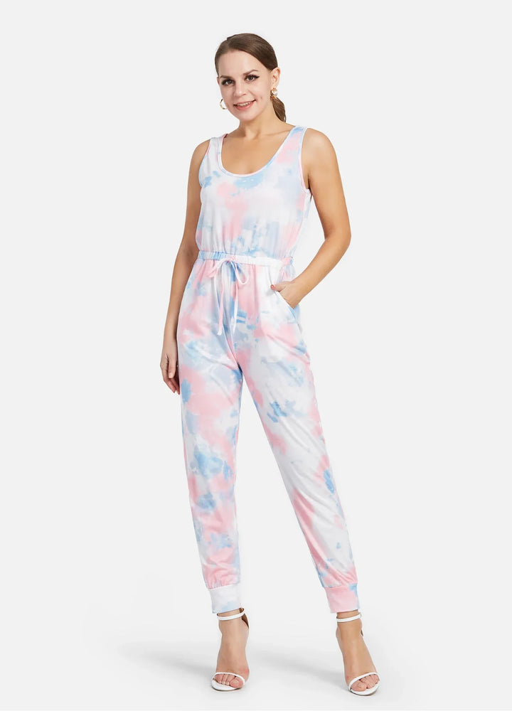 Sleeveless U-Neck Tie Dye High Waist Jumpsuit
