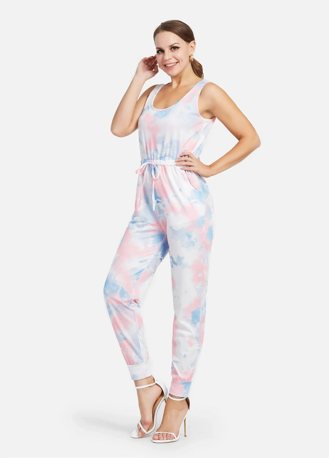 Sleeveless U-Neck Tie Dye High Waist Jumpsuit