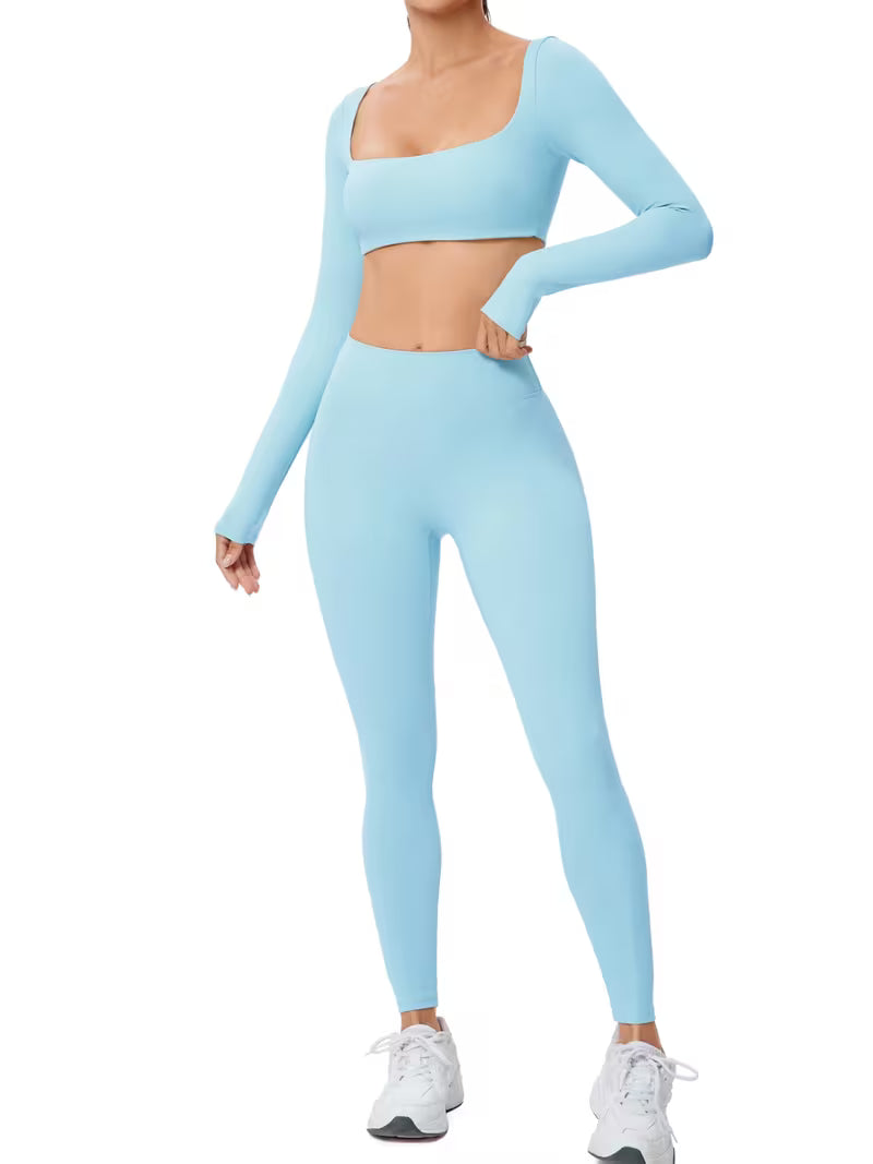 Women’s 2-Piece Long-Sleeve Square-Neck Yoga Set with High-Waist Pants