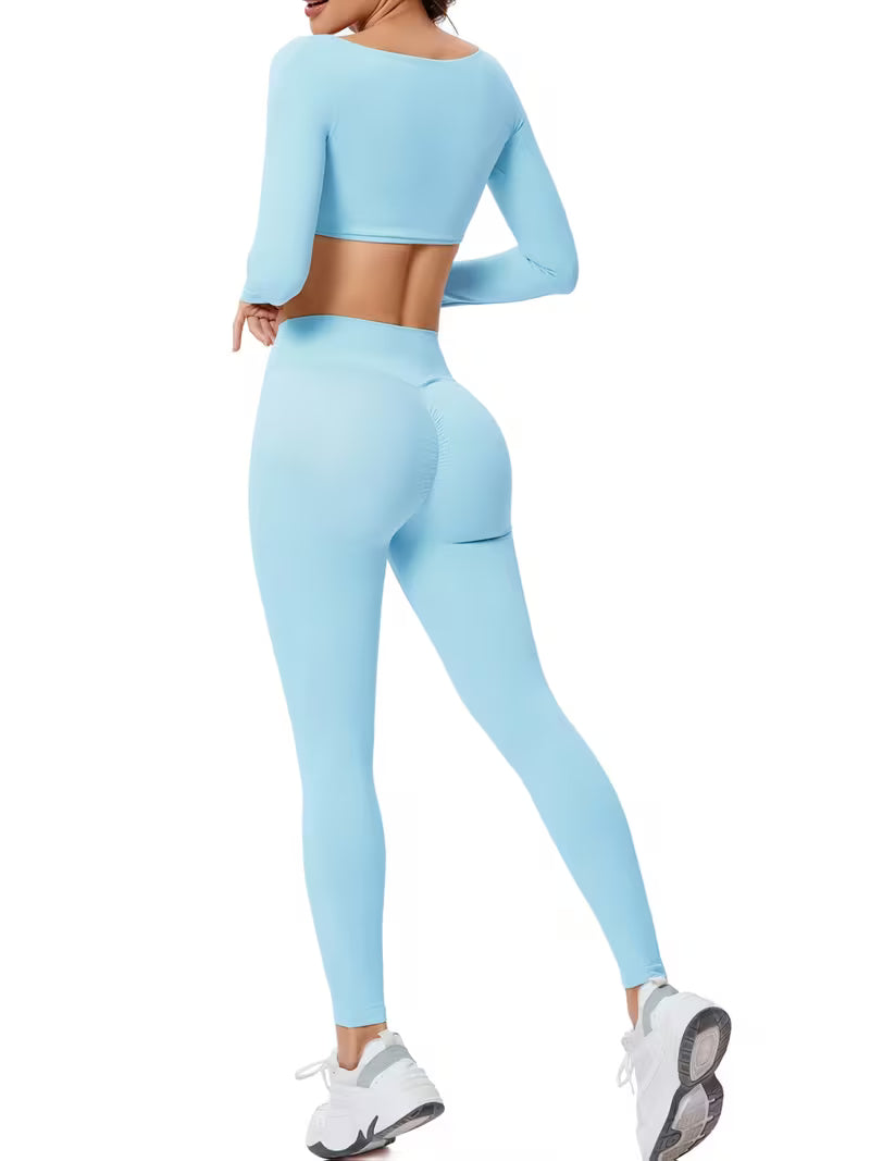 Women’s 2-Piece Long-Sleeve Square-Neck Yoga Set with High-Waist Pants