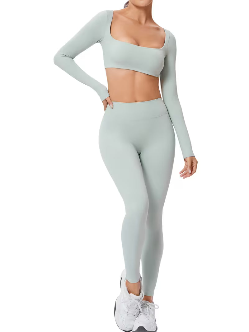 Women’s 2-Piece Long-Sleeve Square-Neck Yoga Set with High-Waist Pants