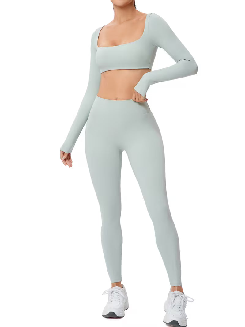 Women’s 2-Piece Long-Sleeve Square-Neck Yoga Set with High-Waist Pants