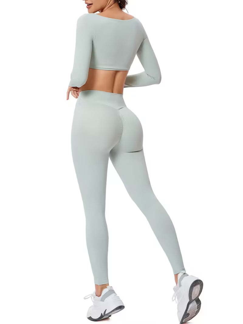 Women’s 2-Piece Long-Sleeve Square-Neck Yoga Set with High-Waist Pants