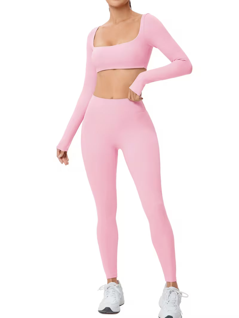 Women’s 2-Piece Long-Sleeve Square-Neck Yoga Set with High-Waist Pants