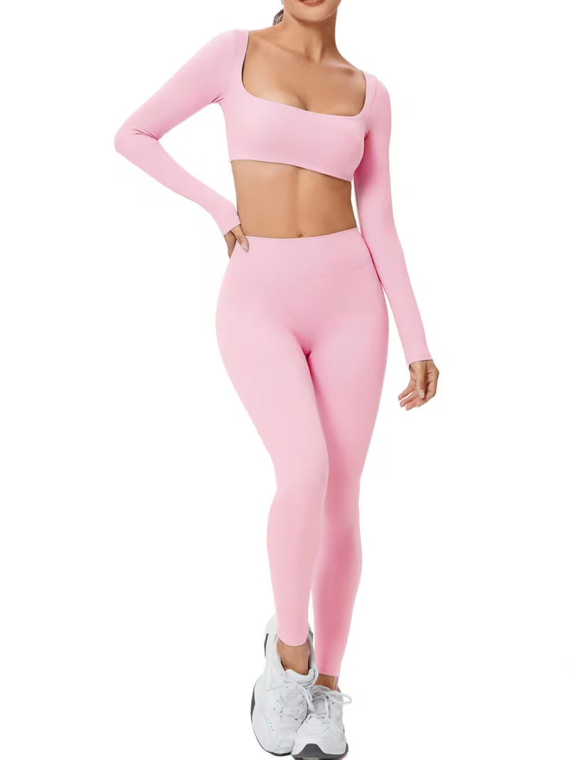 Women’s 2-Piece Long-Sleeve Square-Neck Yoga Set with High-Waist Pants