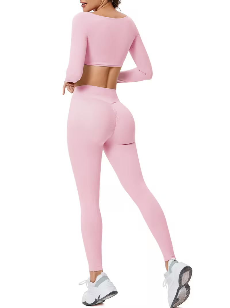 Women’s 2-Piece Long-Sleeve Square-Neck Yoga Set with High-Waist Pants