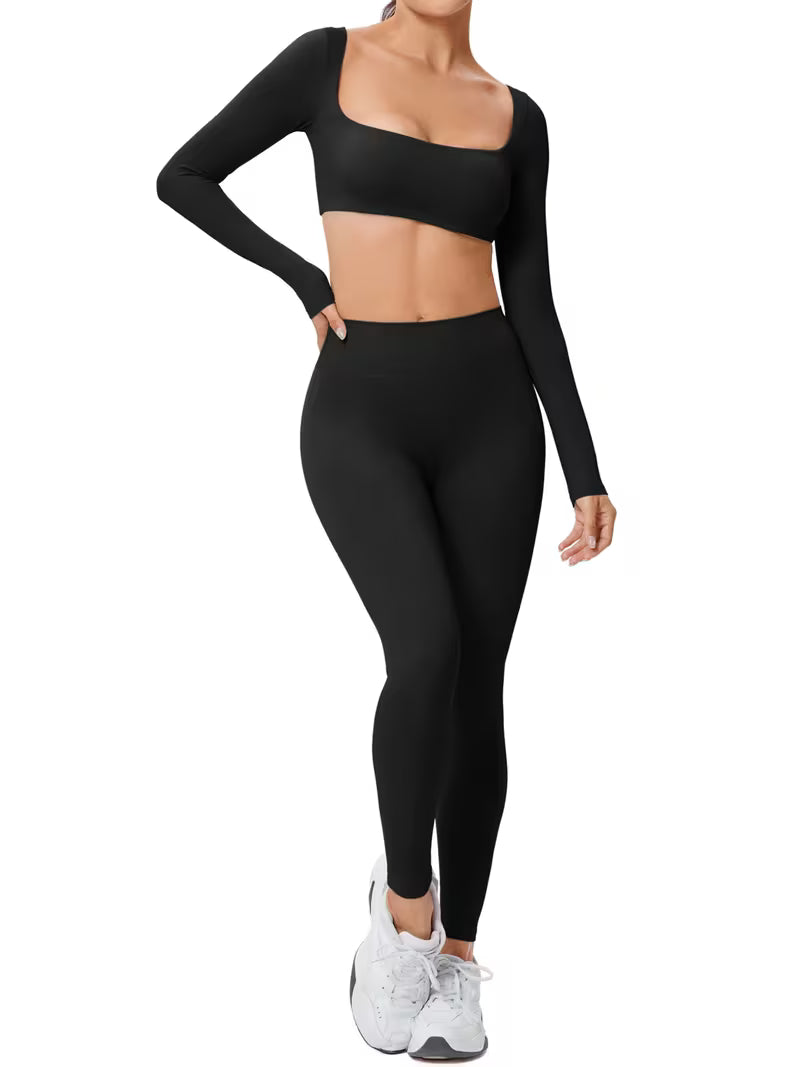 Women’s 2-Piece Long-Sleeve Square-Neck Yoga Set with High-Waist Pants