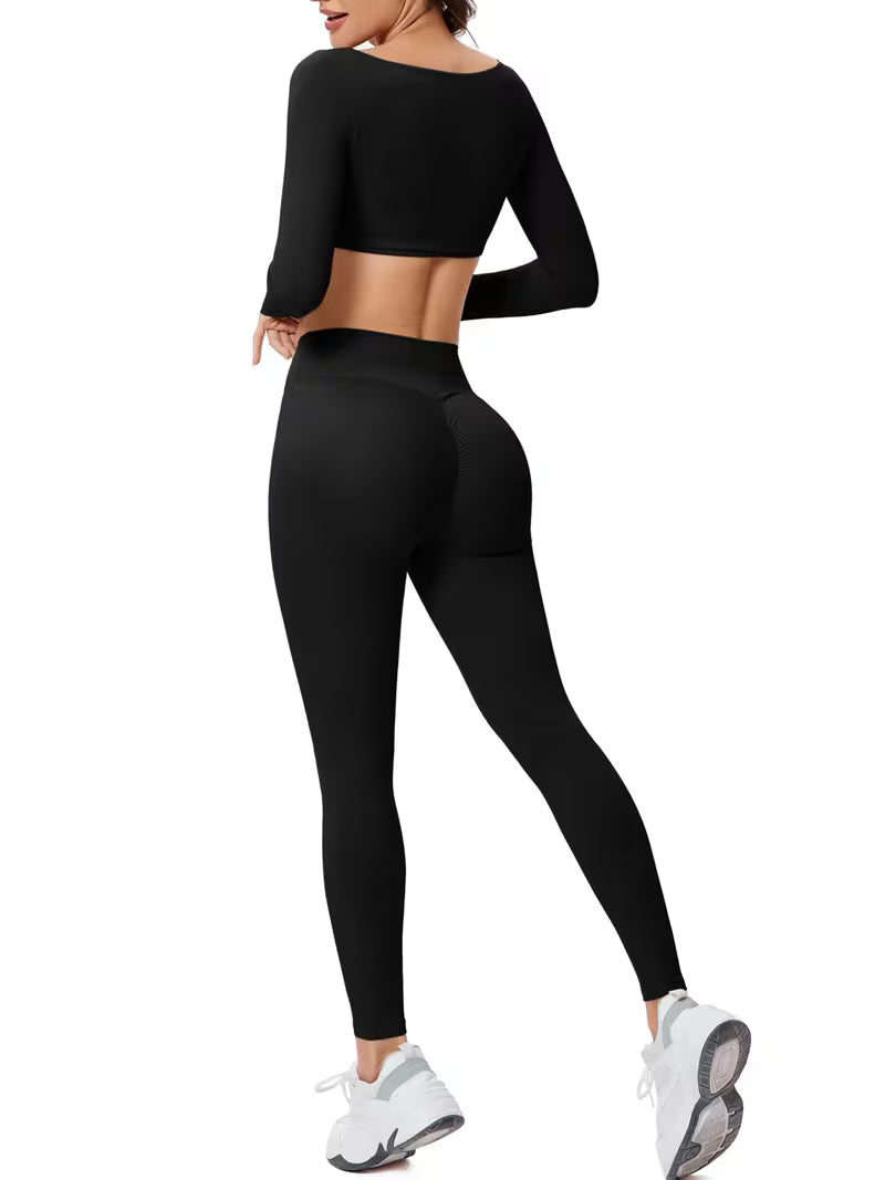 Women’s 2-Piece Long-Sleeve Square-Neck Yoga Set with High-Waist Pants
