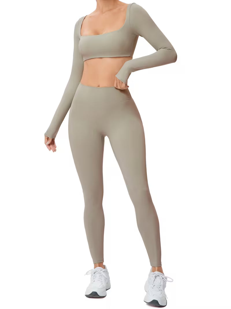Women’s 2-Piece Long-Sleeve Square-Neck Yoga Set with High-Waist Pants