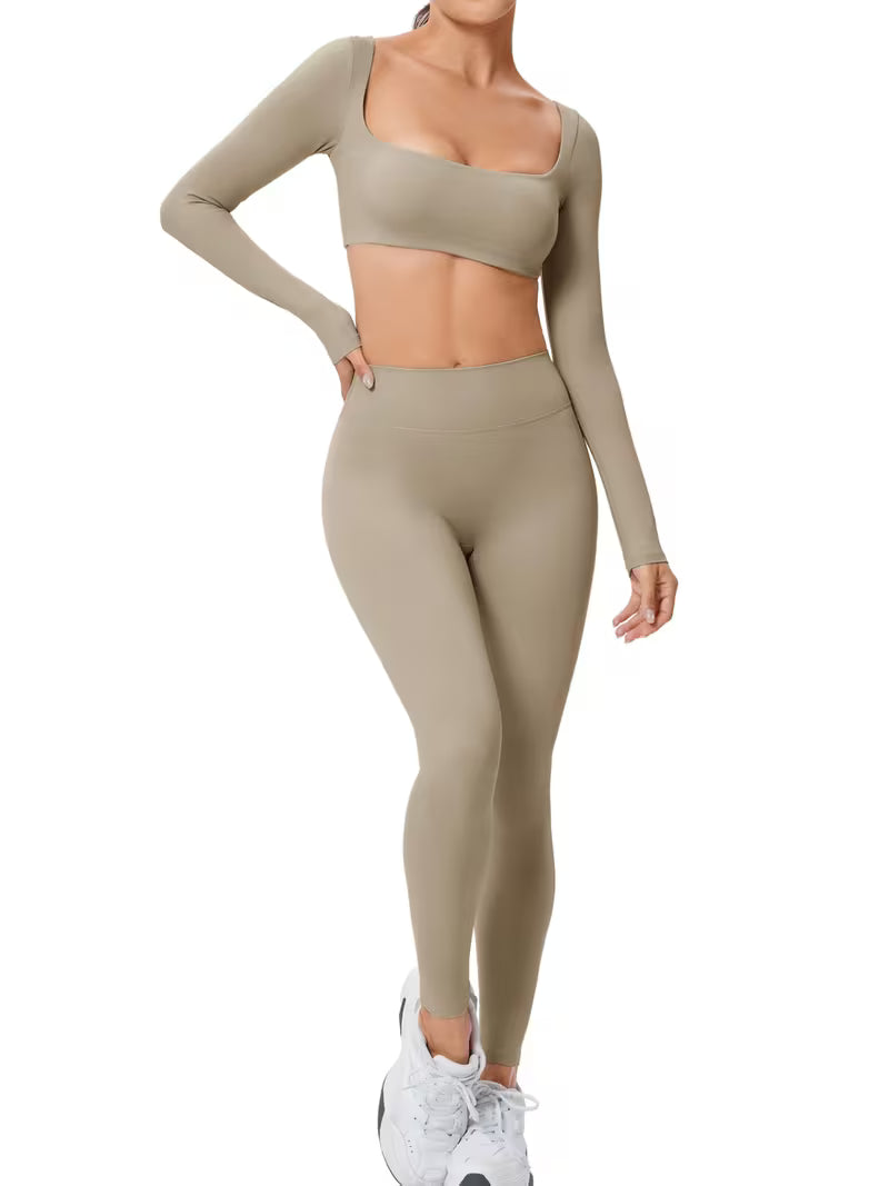 Women’s 2-Piece Long-Sleeve Square-Neck Yoga Set with High-Waist Pants