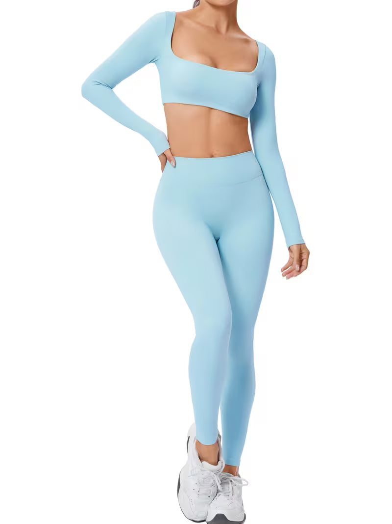 Women’s 2-Piece Long-Sleeve Square-Neck Yoga Set with High-Waist Pants